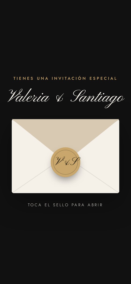 Sobre cerrado con sello dorado y los nombres Valeria y Santiago